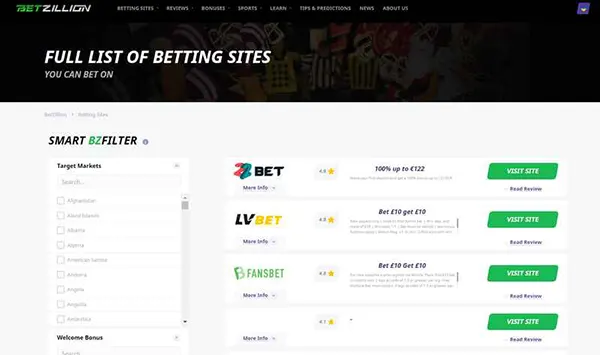 Bookmaker bonus list